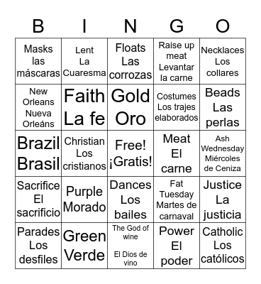 Mardi Gras/ Carnaval BINGO Card