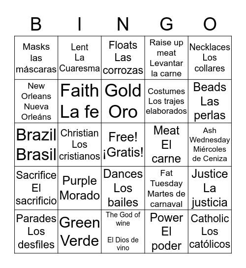 Mardi Gras/ Carnaval BINGO Card