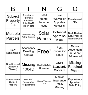 Conventional Appraisal/Property Defect Categories Bingo Card