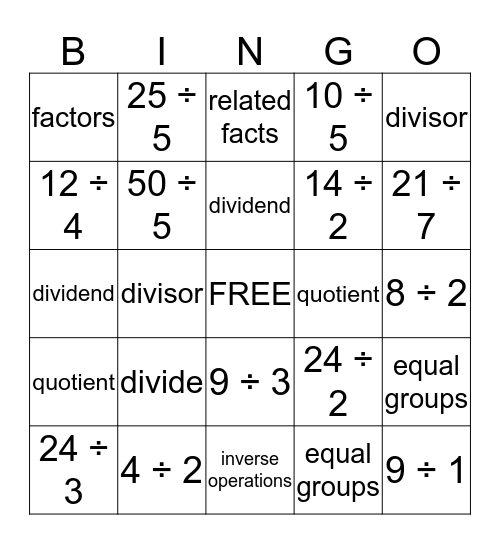 DIVISION BINGO Card