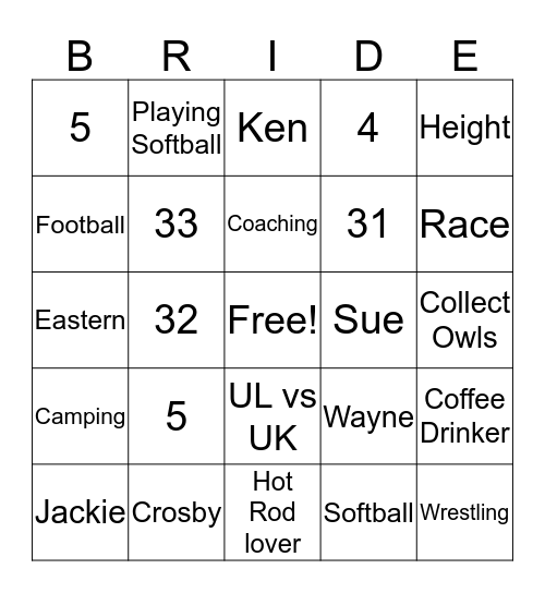 Darice's Bridal Shower  Bingo Card