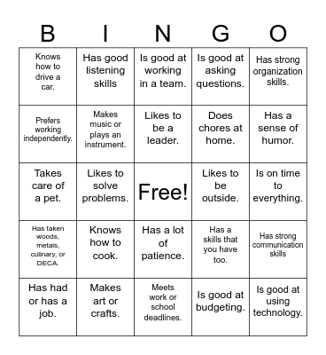 Skills and Traits Bingo Card