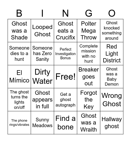 Phasmo Bingo Card