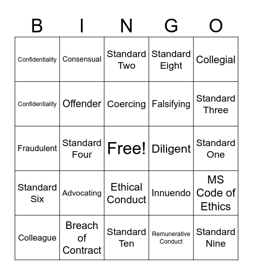 MS Code of Ethic Bingo Card