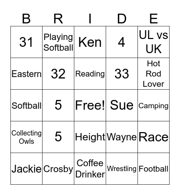 Darice's Bridal Shower Bingo Card