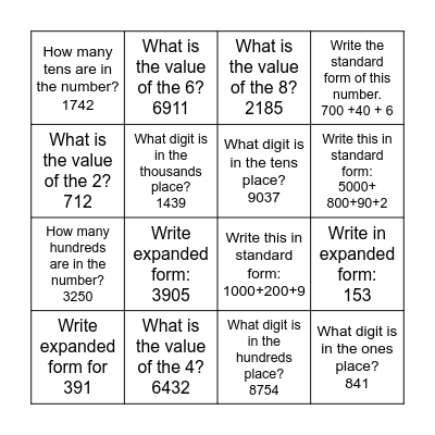 Place Value Scavenger Hunt Bingo Card