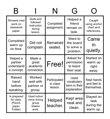 Classroom Expectations Bingo Card