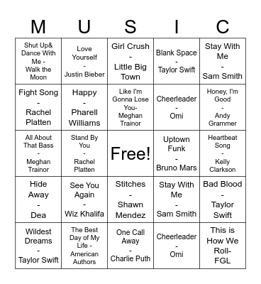 Pop Music Bingo Card