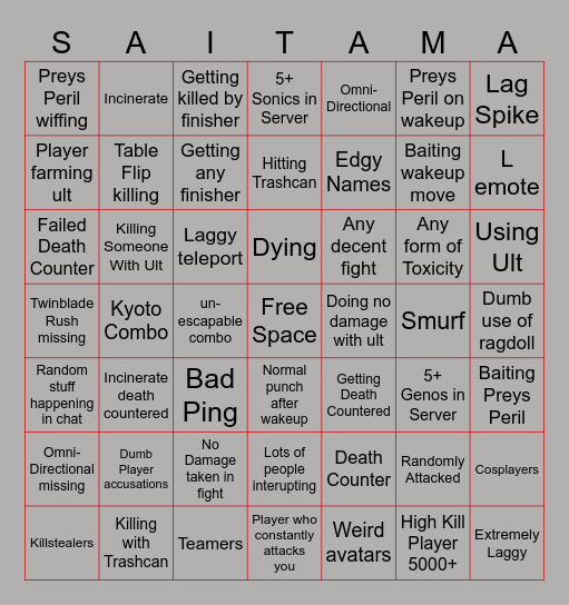 Saitama Bingo Card