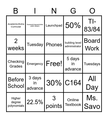 Syllabus Bingo Card