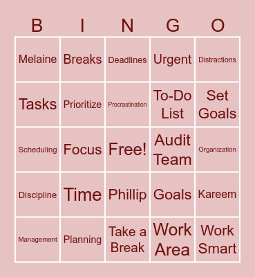 Time Management Bingo! Bingo Card