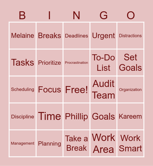 Time Management Bingo! Bingo Card