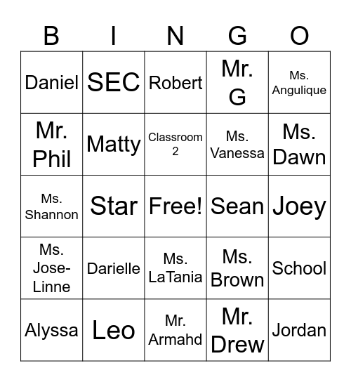 Classroom 2 Bingo Card