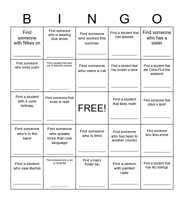 Classmate Bingo Card