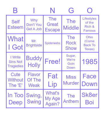 Pop Punk/Alternative Bingo Card