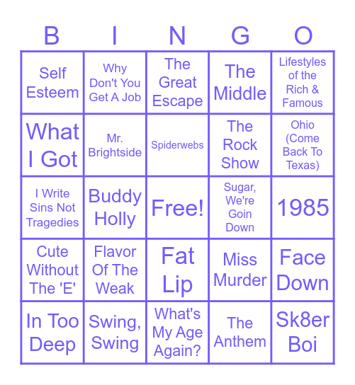 Pop Punk/Alternative Bingo Card