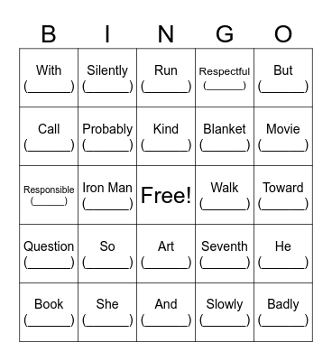 Parts Of Speech Review Bingo Card