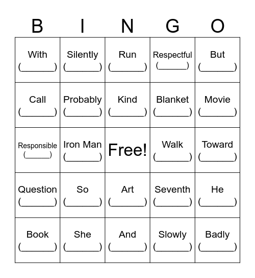 Parts Of Speech Review Bingo Card