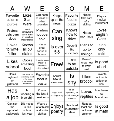 Interesting Classmates Bingo Card