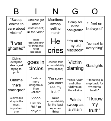 Johnny's response video Bingo Card