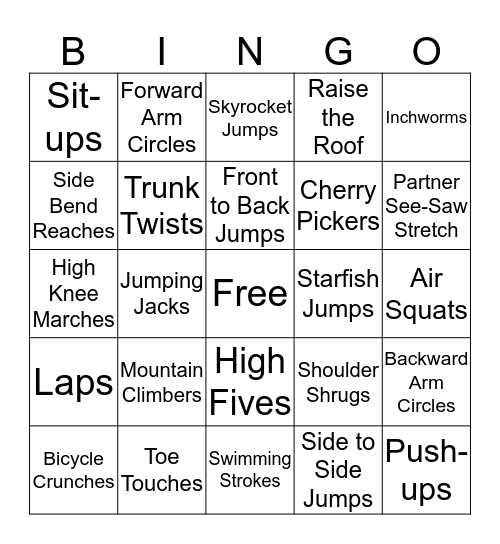 Warm-up Exercises Bingo Card