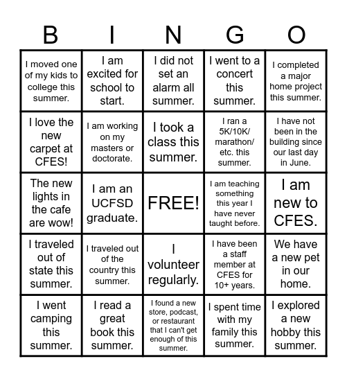 Staff Back to School Bingo Card