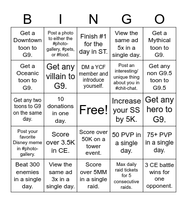 YCF Challenge! Bingo Card