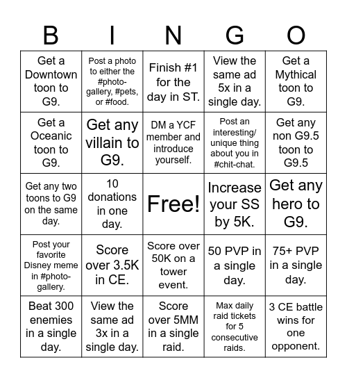 YCF Challenge! Bingo Card