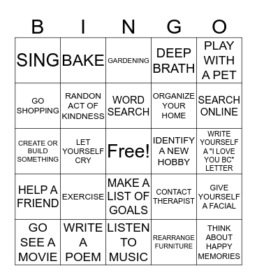 COPING SKILLS BINGO Card