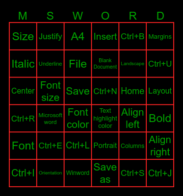 Microsoft Word Training Bingo Card