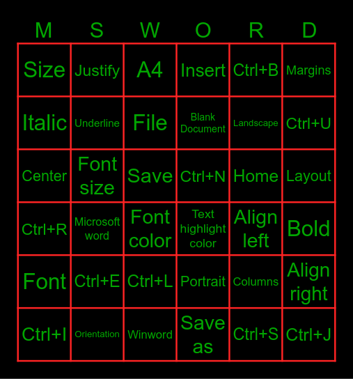 Microsoft Word Training Bingo Card
