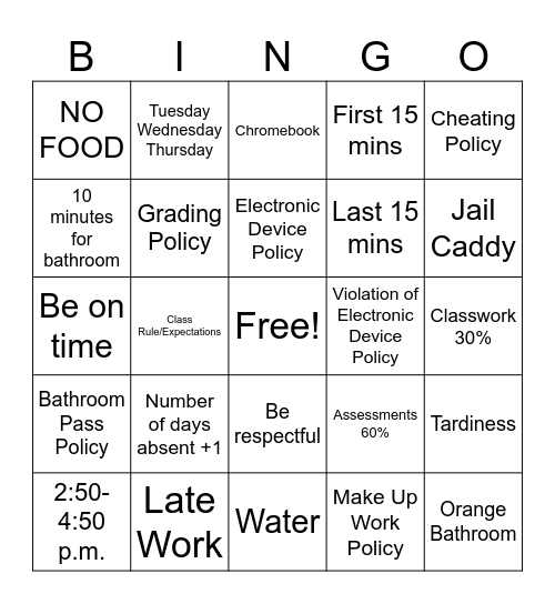 Classroom Procedure Bingo Card