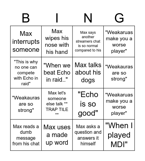 Max TGP Bingo Card