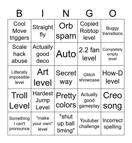 Recent Tab Bingo (Geometry Dash How-D) Bingo Card