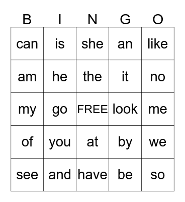 K - Sight Words Bingo Card