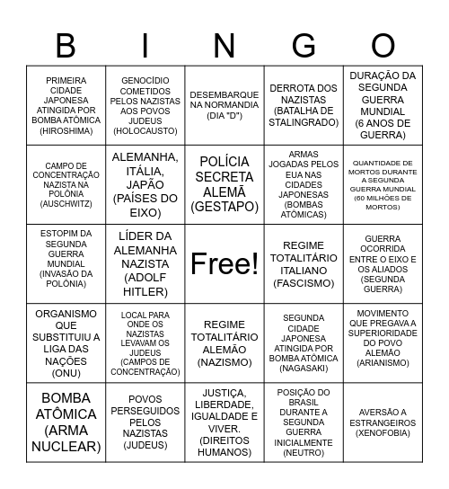 BINGO SEGUNDA GUERRA E REGIMES TOTALITÁRIOS Bingo Card