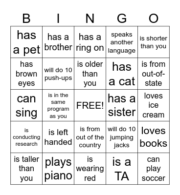 Get to know someone who... Bingo Card