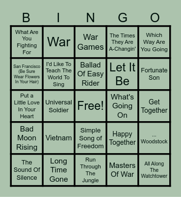 Vietnam War Songs Bingo Card