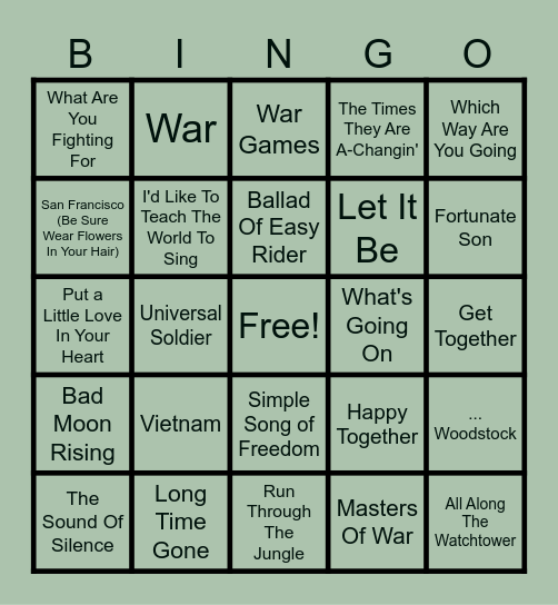 Vietnam War Songs Bingo Card
