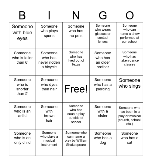 Get to know Each Other Theatre Bingo Card