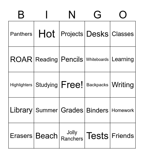 Back to School Bingo Card