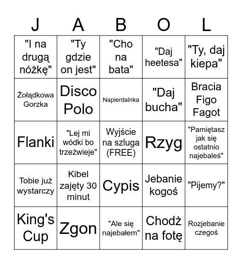 Alkoholowe Bingo Card