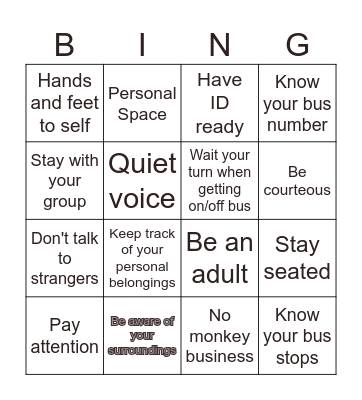 Bus Expectations Bingo Card