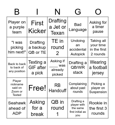 Fantasy Football Draft Bingo Card
