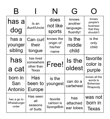 Getting to Know You Bingo Card