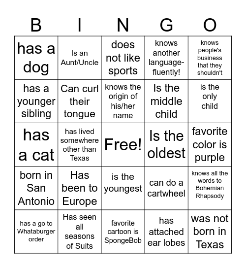 Getting to Know You Bingo Card