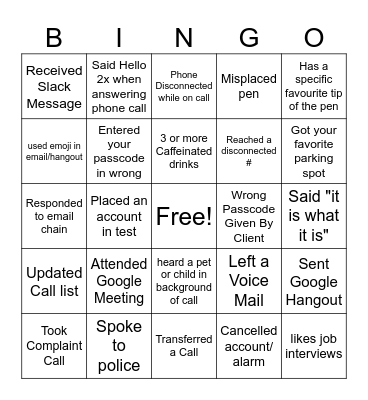 Work Place Bingo Card