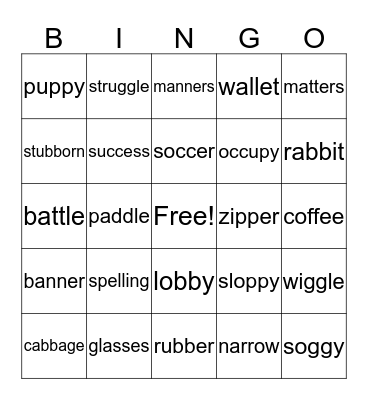 SP 14, Word Patterns with Double Consonants Bingo Card