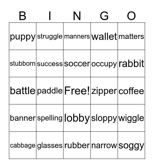 SP 14, Word Patterns with Double Consonants Bingo Card