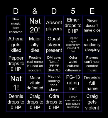 Zero Charisma Bingo Card